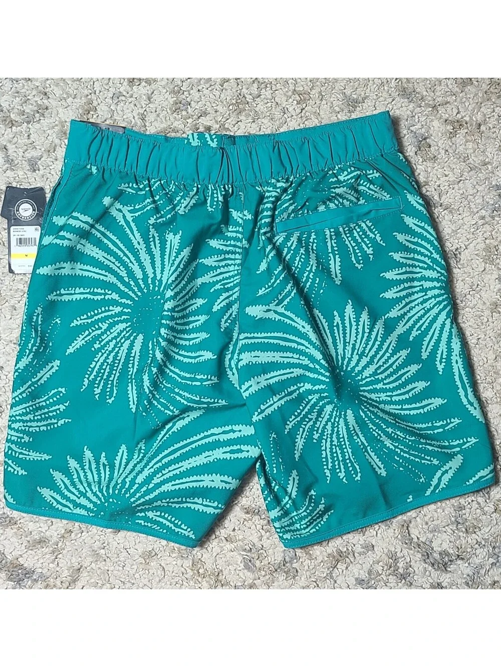 NWT Speedo Men's Medium Teal Swim Trunks with Firework Pattern, UPF 50+